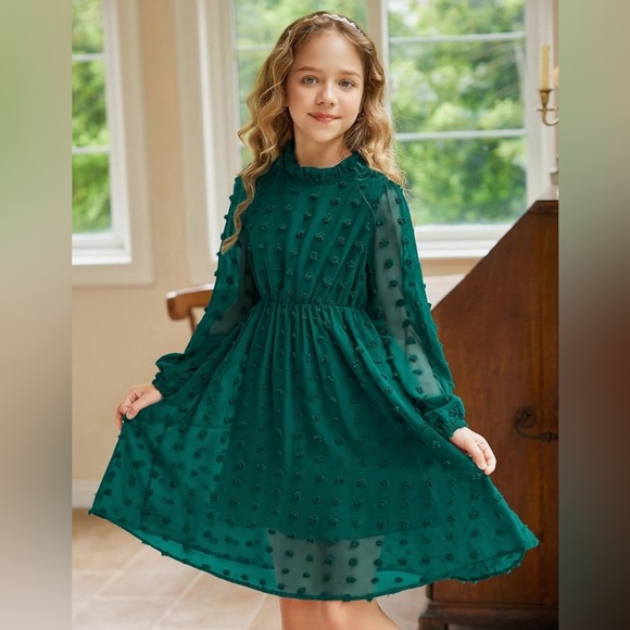 Flypigs Girls Midi Swiss Dot Flared Sleeve Ruffle Collar Party Dress Casual - Picture 1 of 10